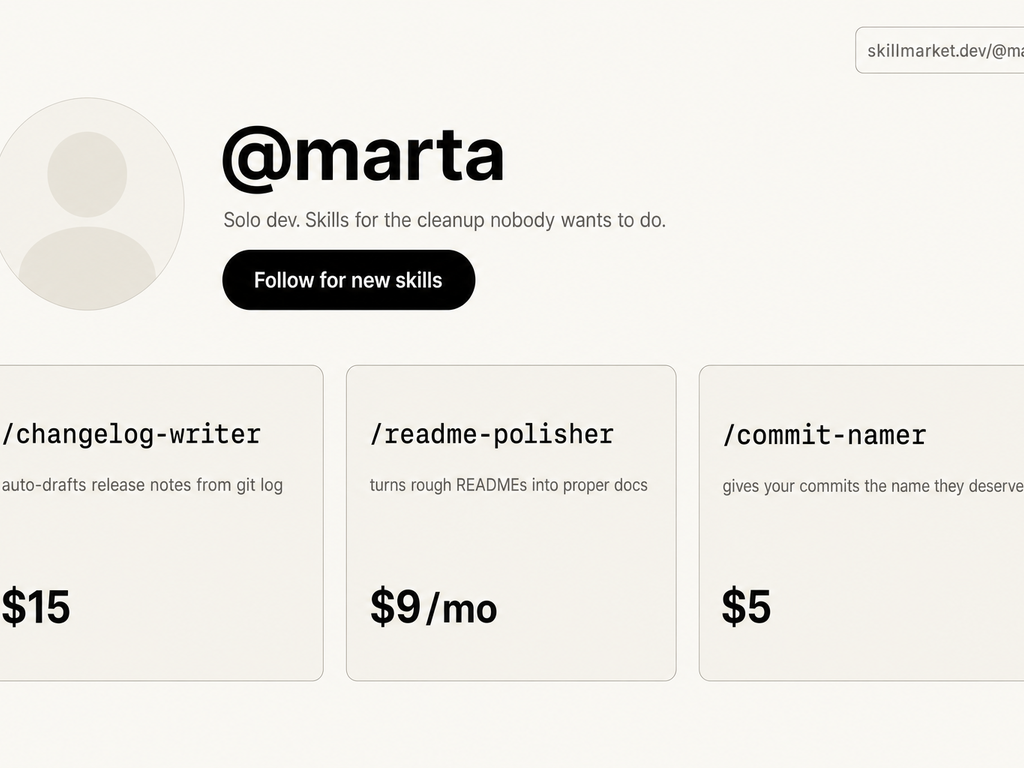 A creator profile page at skillmarket.dev/@marta showing a handle, short bio, three skill tiles with prices, and a Follow-for-new-skills pill.